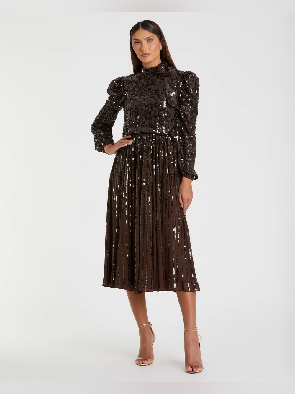 NWT - Mac Duggal Chocolate Brown Sequin Long Sleeve Tea Length Midi Dress Size 6